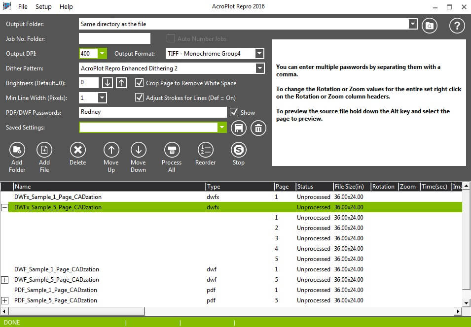 AcroPlot Repro Program Screen Shot - AcroPlot Repro can Run as a Standalone Application for Batch Converting PDF, DWF and PLT files to High Quality TIFF files for Printing, Plotting, and Archiving.